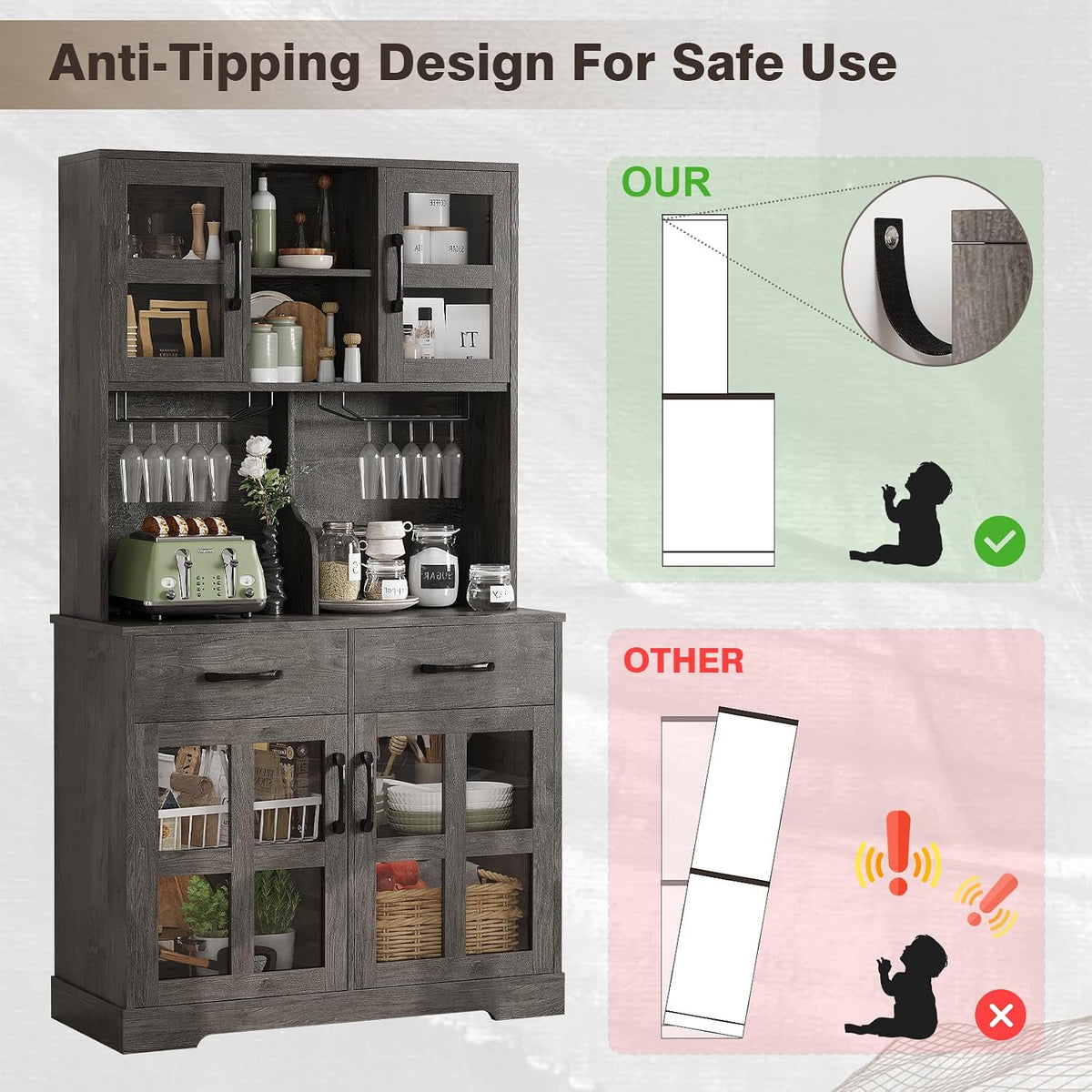 Kitchen Pantry Storage Cabinet, Modern Pantry with Power Outlet, Food Pantry Cabinet with Wine Glass Holder, Kitchen Hutch Cabinet with Microwave Stand, Kitchen Cabinet with Shelves for Dinning Room