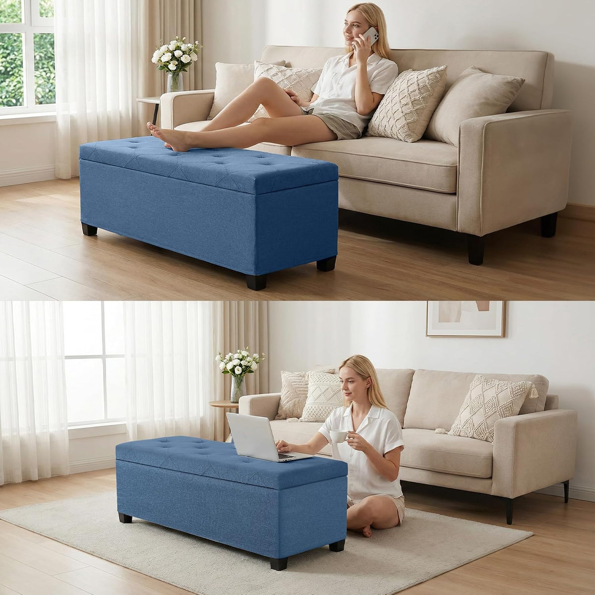 DUMOS Storage Ottoman Bench, 43.3 Inch End of Bed Bench for Living Room | 27 Gallon Steel Frame Linen-Look Fabric Chest, Removable Cover, 250lb Capacity, Bedroom Entryway, Blue