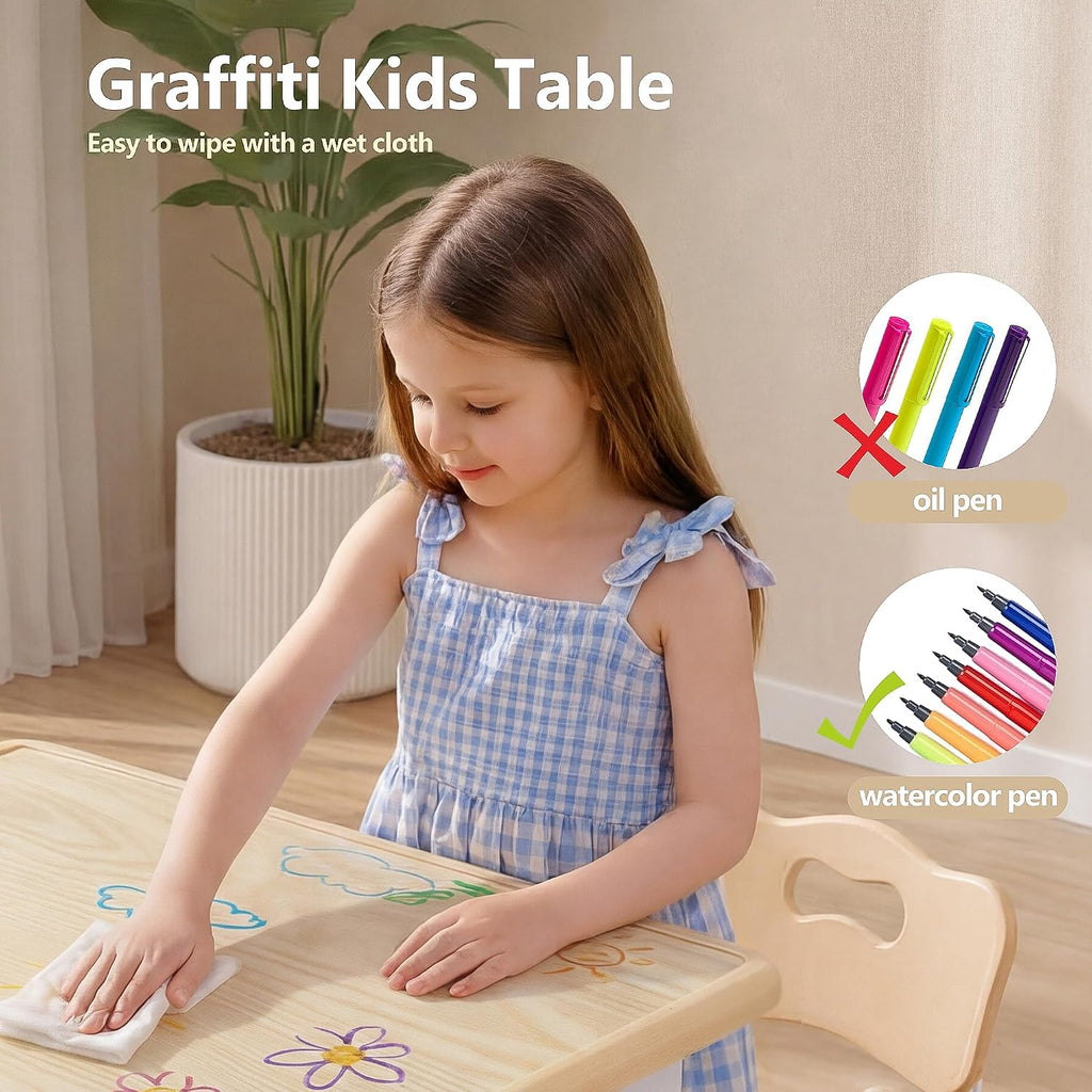 Kinder King Kids Table & 4 Chairs Set, Adjustable Heights, Khaki | Graffiti Tabletop, Children Activity Table, Studying, Drawing, Toddler Furniture Set for Playroom, Daycare, Home, Age 3+