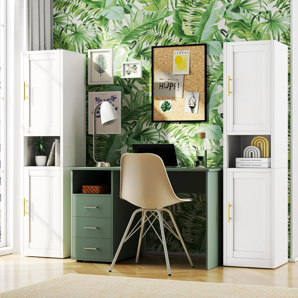 Tokawa 67” Tall Slim Storage Cabinet, 12 Inch Deep x 16 Inch Wide Metal Pantry with Open Middle Shelf, Narrow Kitchen Utility Cabinet with Gold Handles, White