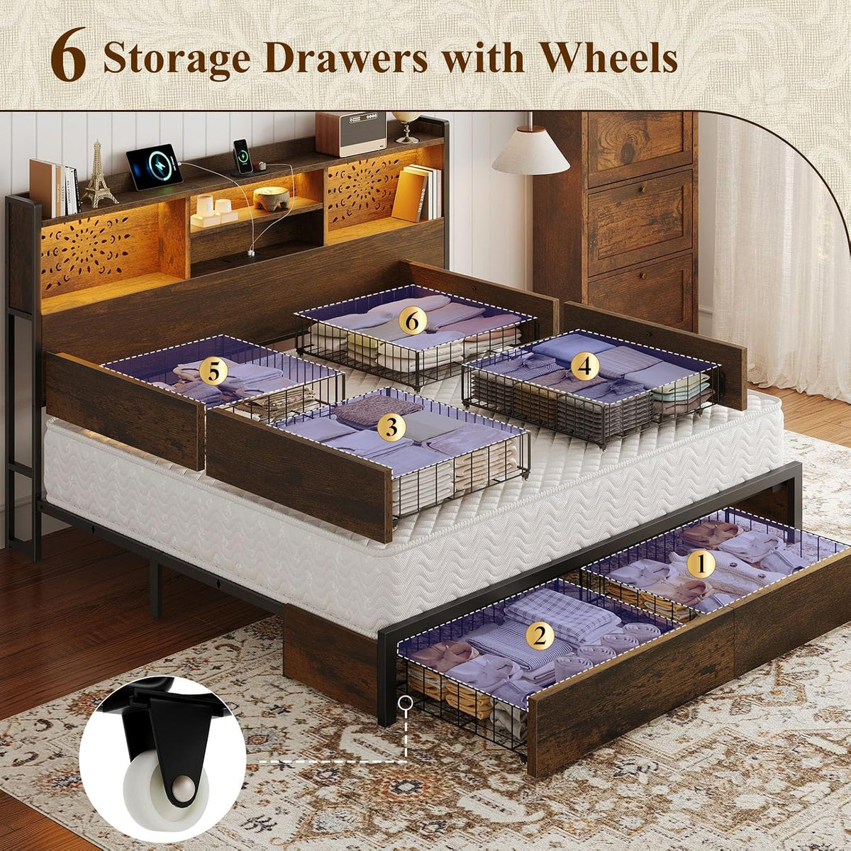 Belffin King Size Bed Frame with 6 Storage Drawers and Carving Headboard