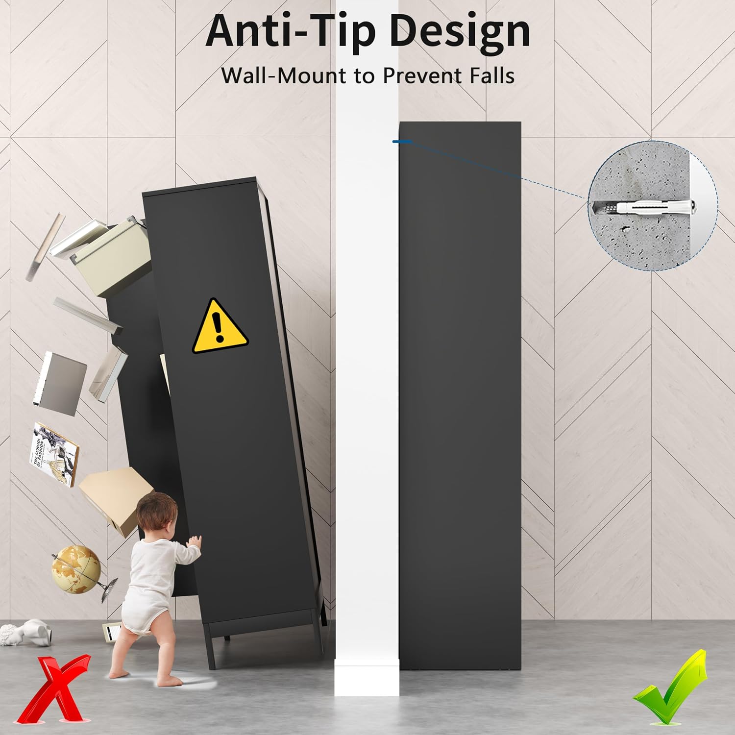 71" Black Metal Storage Cabinet with Doors, Heavy Duty | Freestanding Cupboard Kitchen Pantry Cabinet, 4 Adjustable Shelves, Gold Handles, Anti-Tip Tall Cupboard for Home and Garage