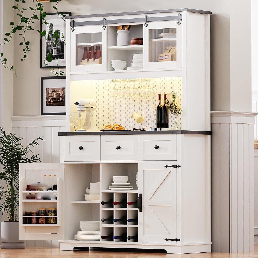 71" White Pantry Cabinet with Coffee Bar Farmhouse Kitchen Hutch Cabinet with Sliding Doors Wine Bar Cabinets with Power Outlet and LED Lights 9-Bottle Rack and 4 Glass Holders White Oak