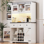 71" White Pantry Cabinet with Coffee Bar Farmhouse Kitchen Hutch Cabinet with Sliding Doors Wine Bar Cabinets with Power Outlet and LED Lights 9-Bottle Rack and 4 Glass Holders White Oak