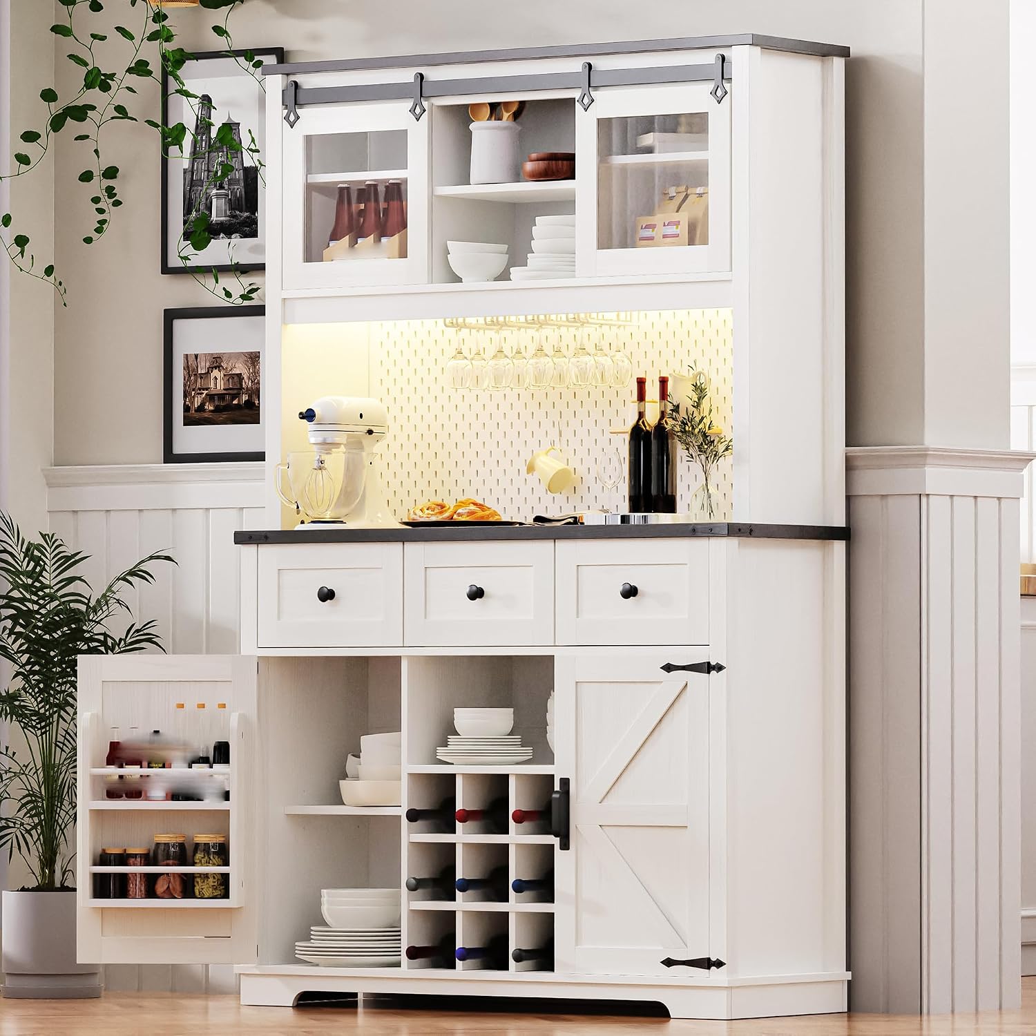 71" White Pantry Cabinet with Coffee Bar Farmhouse Kitchen Hutch Cabinet with Sliding Doors Wine Bar Cabinets with Power Outlet and LED Lights 9-Bottle Rack and 4 Glass Holders White Oak