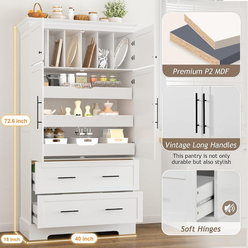 Harper & Bright Designs 72" Tall Farmhouse Kitchen Pantry with 2 Cabinets & 2 Drawers, Modern Storage Cabinet with 3 Pull-Out Trays & 4 Doors, Freestanding Cupboard for Kitchen, Dining Room,White
