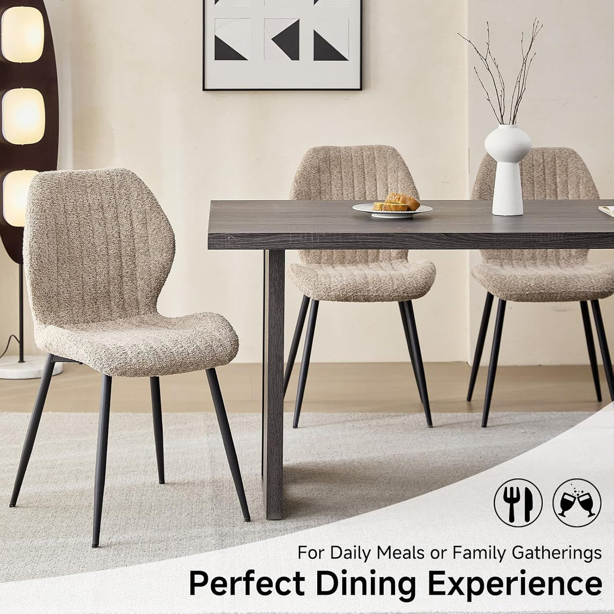 Modern Minimalist Dining Chairs Set of 4, Boucle Fabric, Brown | Thick High-Density Resilient Foam Cushion, Sturdy Metal Frame; Non-Slip Foot Caps Protect Floors, Perfect For Dining Room