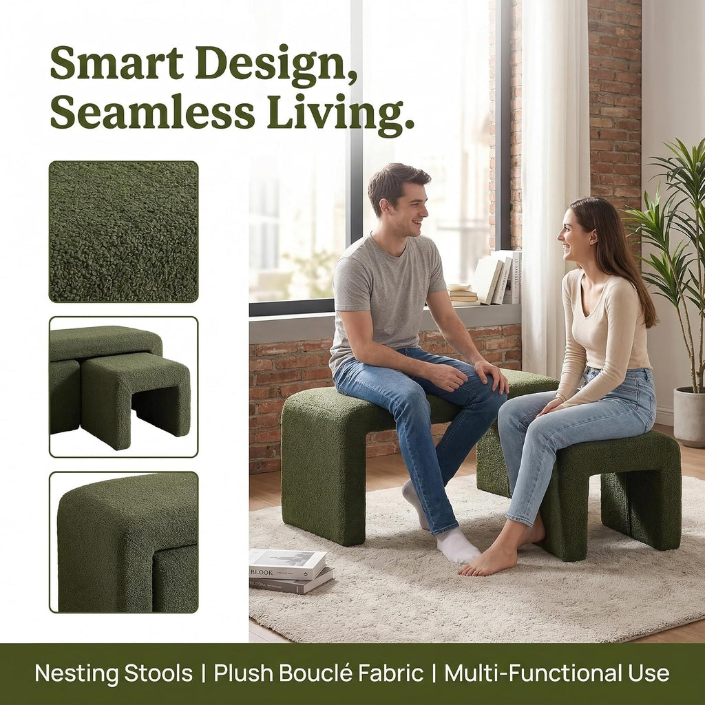 LukeAlon 3-Piece Nesting Ottoman Bench Set, 40.5" Wide Upholstered End of Bed Bench with 2 Small Stools Sherpa Comfy Entry Bench Vanity Stools Modern Arched Bench for Living Room Bedroom, Green