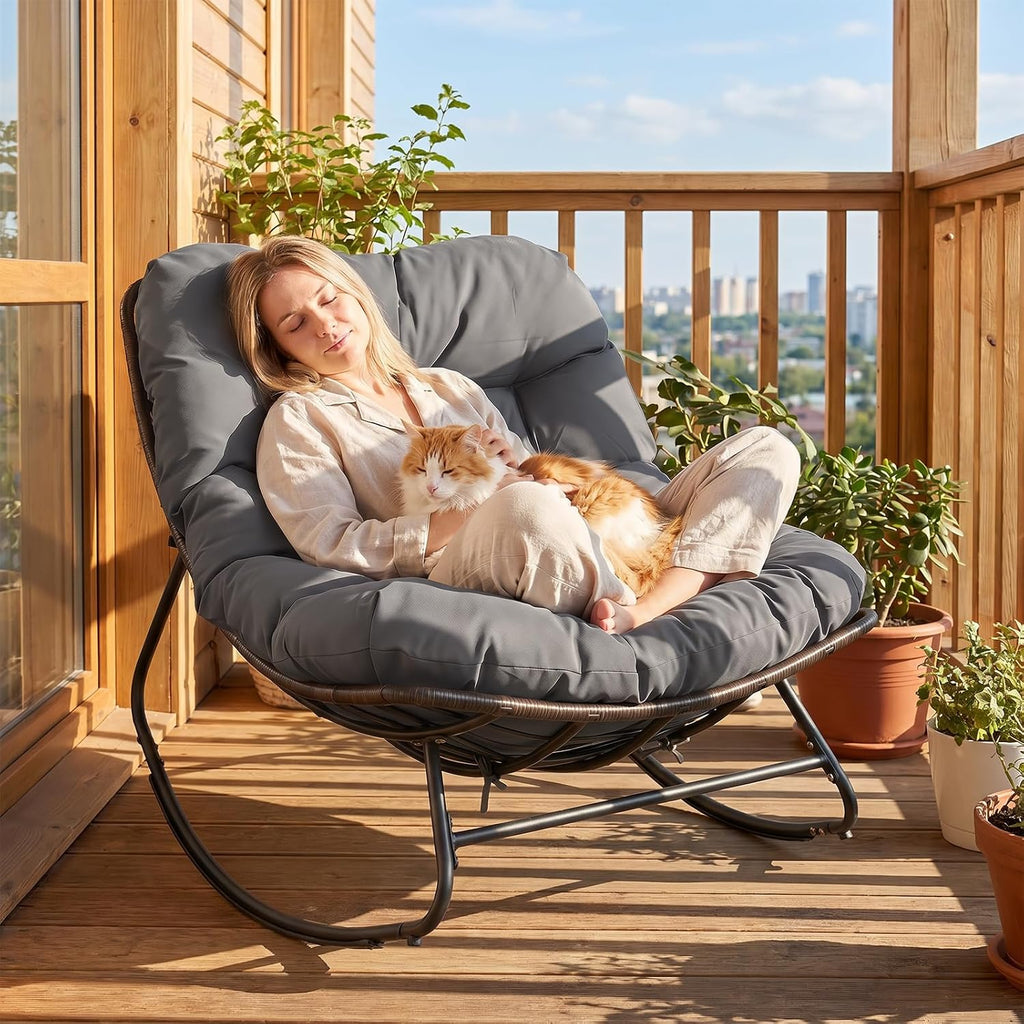 Tangkula Outdoor Papasan Rocking Chair, Oversized Egg-Shaped Rocker with Thick Cushioned Seat, Heavy Duty Metal & Weather-Resistant Wicker Frame, Non-Slip Pads for Patio, Balcony, Garden (Gray)
