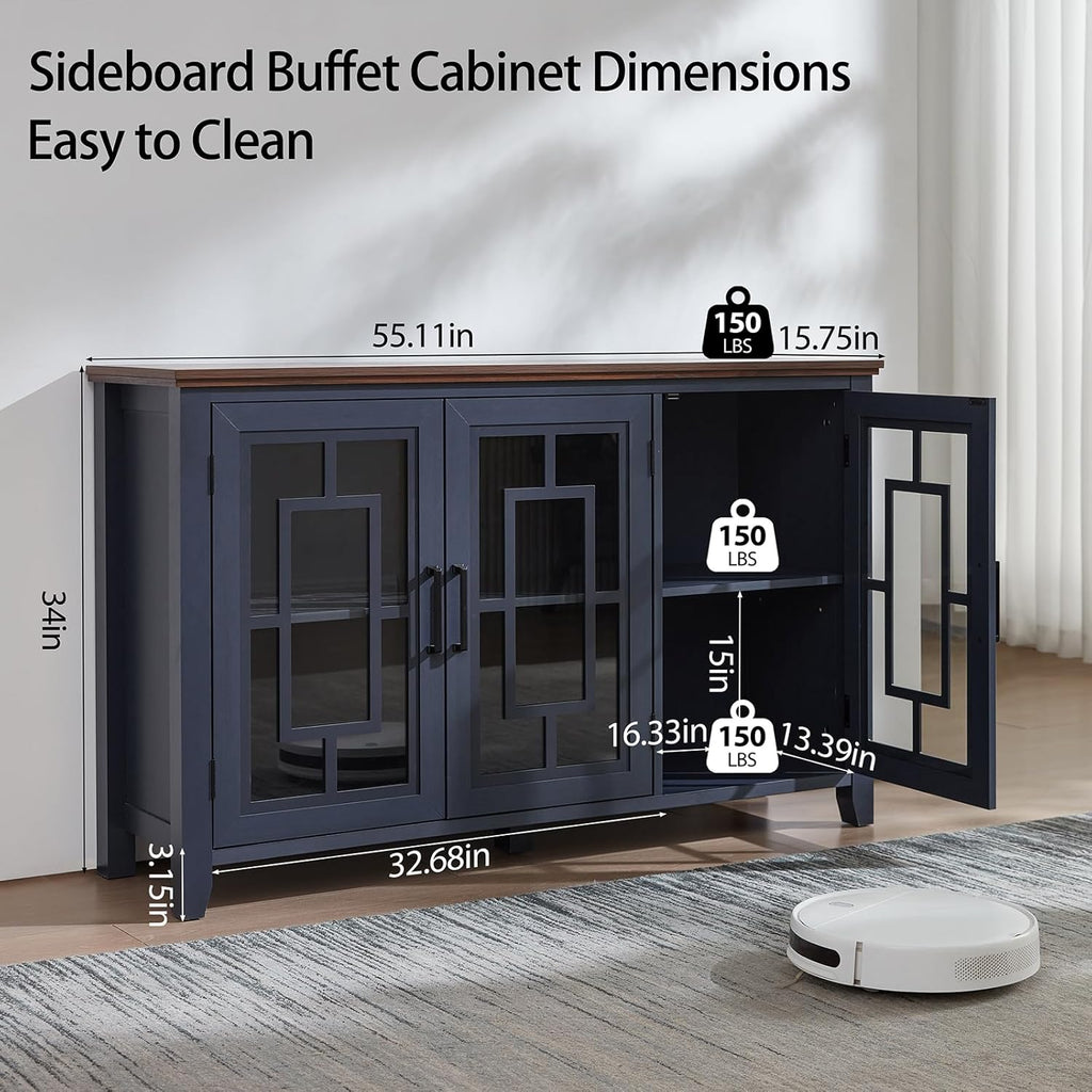 Joaxswe Large Sideboard Buffet Cabinet with Storage, 55" Farmhouse Credenza with 3 Glass Doors, Adjustable Shelves Console Table, Wood Kitchen Coffee Bar for Dining Room, Living Room, Navy Blue