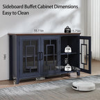 Joaxswe Large Sideboard Buffet Cabinet with Storage, 55" Farmhouse Credenza with 3 Glass Doors, Adjustable Shelves Console Table, Wood Kitchen Coffee Bar for Dining Room, Living Room, Navy Blue