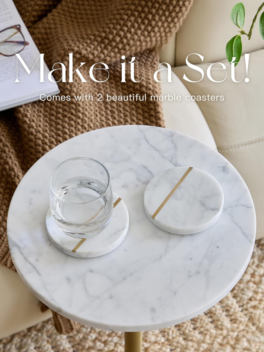 Adjustable 12" White Marble Drink Table with 2 Coasters, Antique Brass⁠ | Adjustable 12" round martini end table & pedestal side table. White marble and antique brass finish.⁠