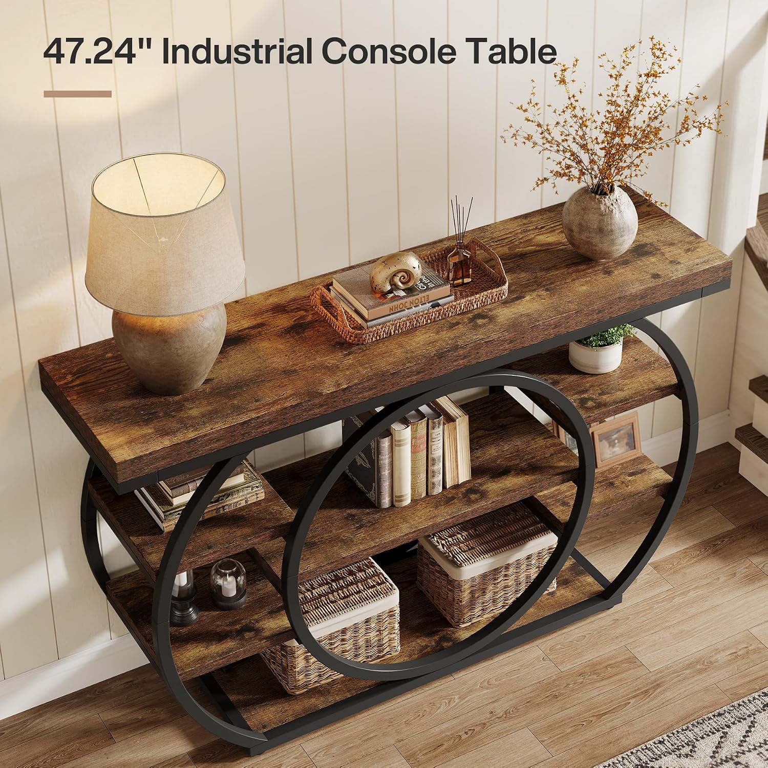 Tribesigns 47" Console Table for Living Room, 5-Tier Industrial Entryway Table with Metal Frame, Narrow Sofa Table Behind Couch Accent Tables for Entryway, Hallway, Foyer, Rustic Brown
