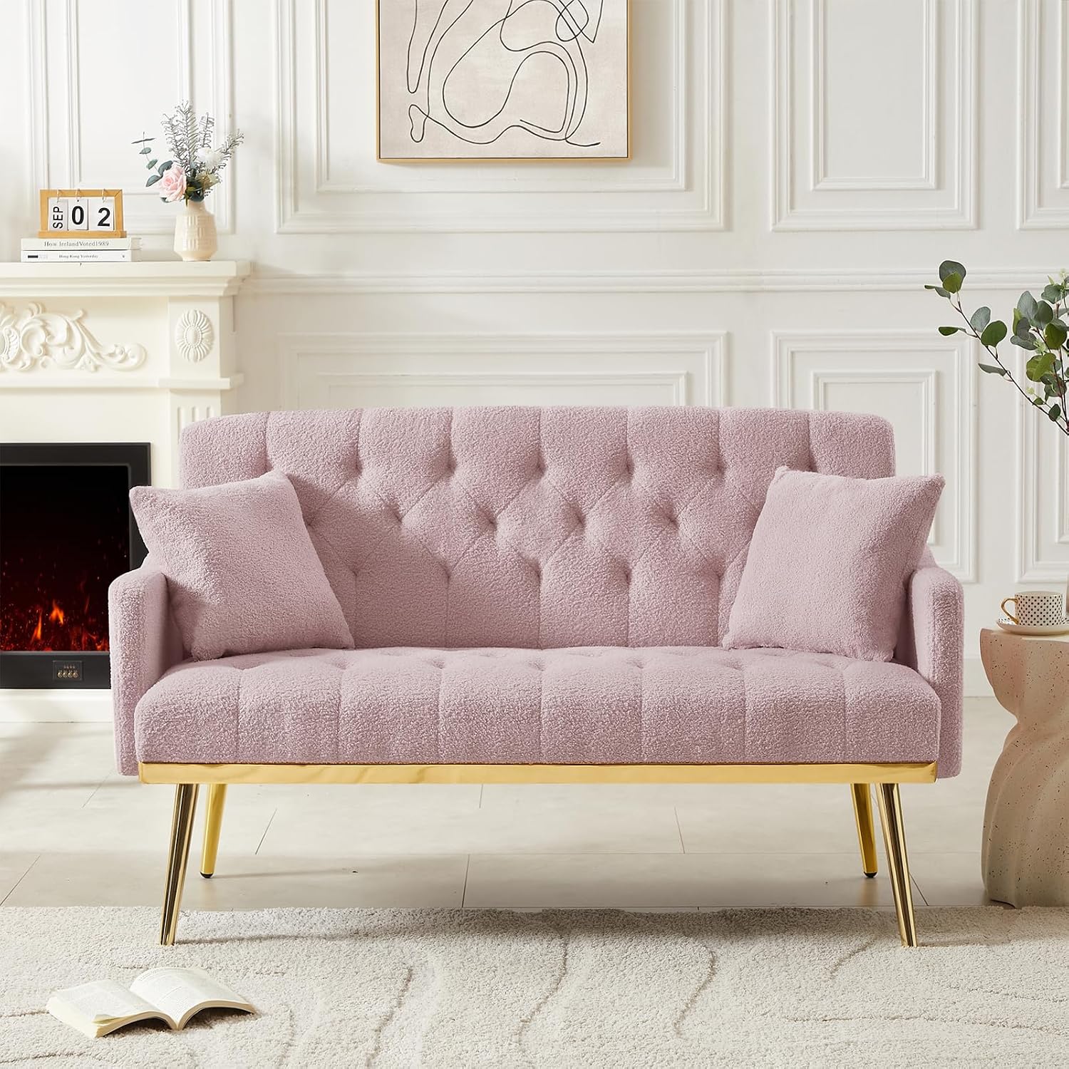 hansones Modern Velvet Armchair with Gold Metal Legs and Side Pockets, Tufted Backrest, Perfect for Living Room, Bedroom Or Office (32.6" Pink)