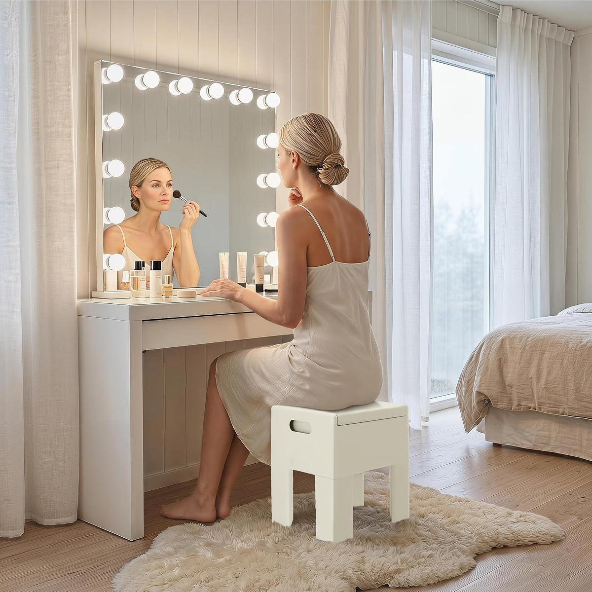 Modern Nightstand - Multifunctional Plastic Bedside Table with Storage Space, Side Table Easy Assembly for Bedroom, Dorm and Small Areas (14.2" D x 11.8" W x 15.78" H, Beige White)