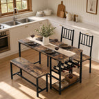 55-Inch Dining Table Set for 4 with Bench, Wine Rack, Rustic Brown | 4-Piece Kitchen Table Set with 2 Chairs, Bench, Stemware Holder and Storage Shelves for Small Spaces and Apartments