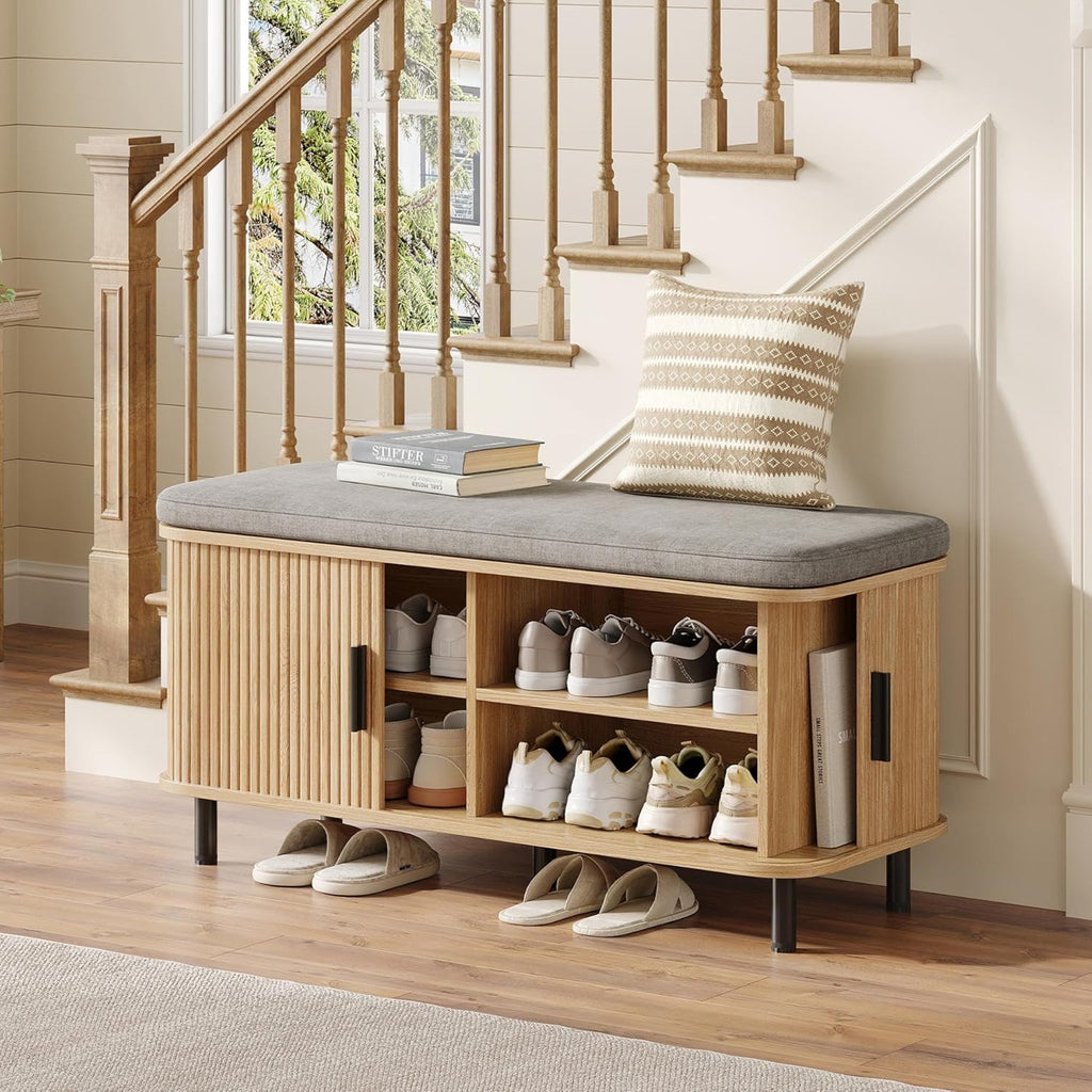 Maupvit Shoe Storage Bench with Smooth Fluted Sliding Doors, 2 Tier Hidden Shoe Organizer Cabinet, Adjustable Shelf & Comfy Cushion Seat for Entrance, Mudroom, Front Door, 39" W Shoe Rack Natural Oak