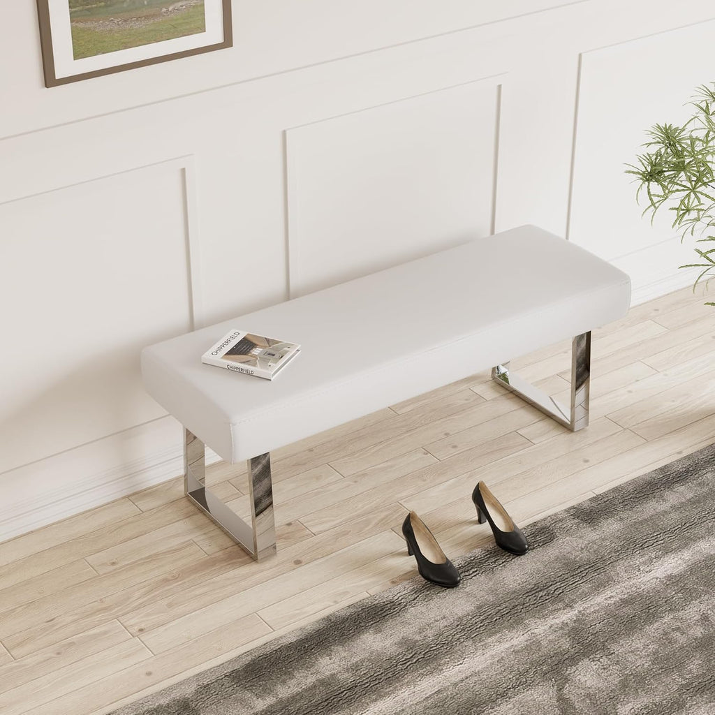 JIEXI 45.3" Upholstered PU Leather Bedroom Bench Footstool with Metal Legs | Sturdy Silver Plated Chrome Legs, Padded Seat, Space Saver, for Bedroom Entryway Living Room Window