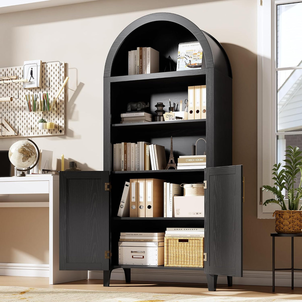 IDEALHOUSE Arched Kitchen Pantry Cabinet with Doors - 5-Tier Open Display Shelf with Rattan Decor, Farmhouse Storage Cabinet for Kitchen, Dining Room, Living Room, Black