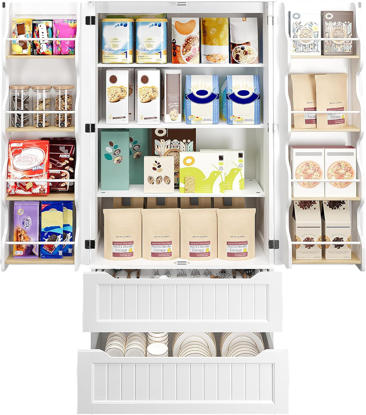 Gizoon 71" Tall Kitchen Pantry Cabinet with Drawers for Dining Room, Food Pantry Storage Cabinet with 8 Doors Shelves for Snack and Spice, Large Craft Storage Cabinet for Craft Room, White, Painted
