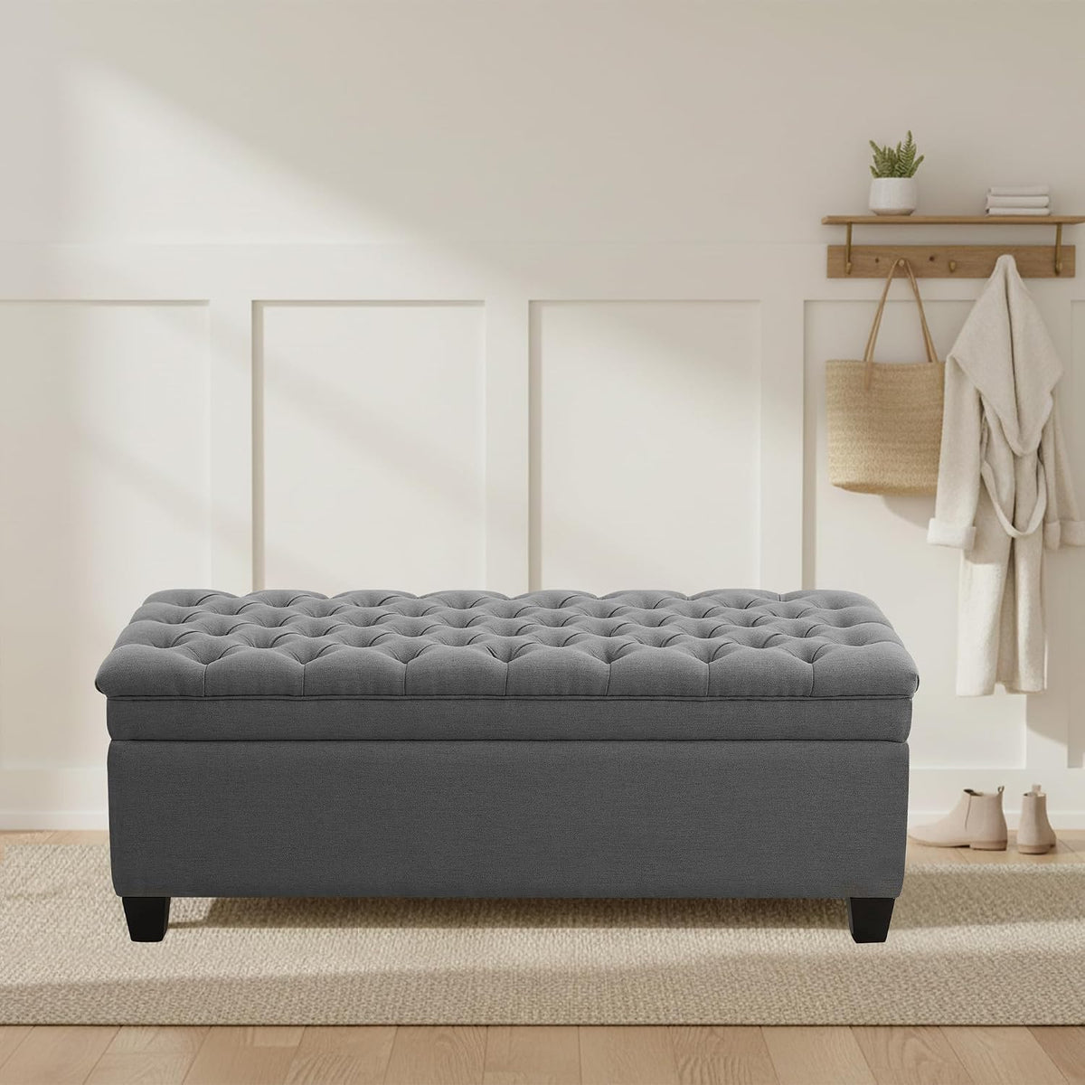 50" Storage Ottoman Bench, Rectangular End of Storage Bench, Upholstered Large Fabric Tufted Ottoman with Storage for Living Room, Bedroom, Entryway,Dark Gray