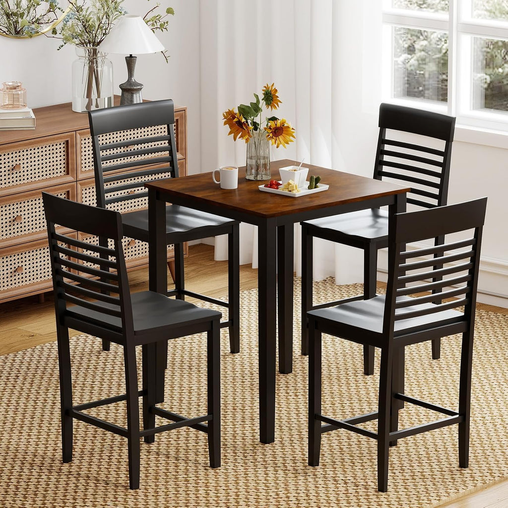 Giantex 5-Piece Dining Table Set for 4, Counter-Height Square Kitchen Table and Chairs Set with Rubber Wood Frame, Curved Back, Footrest, Bar Table Set for Small Place Dinette Breakfast Nook