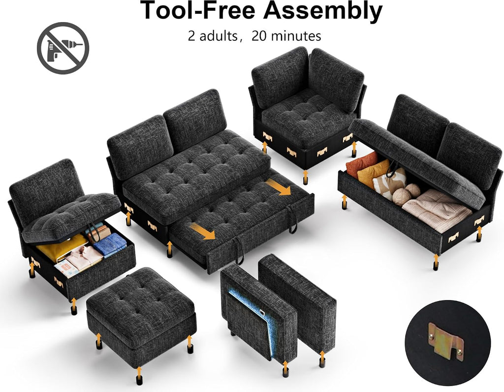 WEUP 7 Seat L Shaped Sectional Sleeper Sofa Bed with Pull Out Bed, Chenille Sectional Sleeper Couch with Ottoman, Adjustable Backrest, USB Ports, LED, Side Table, Tool-Free Assembly, Chenille Black