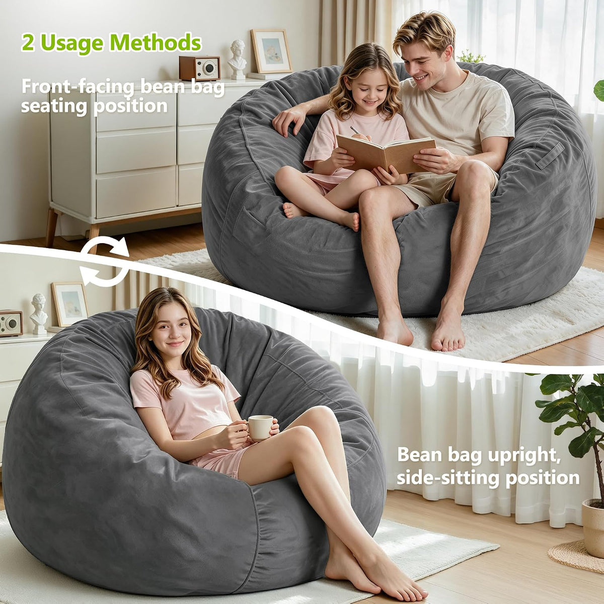 Homguava 6FT Bean Bag Chairs for Adults,Giant Adult Bean Bag Chair,BeanBag | Large Beanbag Chair with Foam Filled,Bean Bag Sofa with Handle&Pocket,Washable Velvet Cover Bedroom,Living Room-Grey