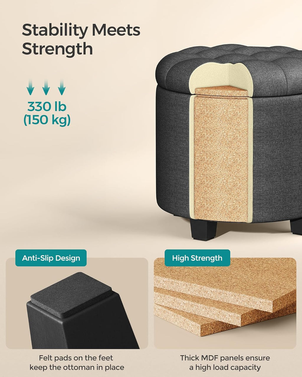 SONGMICS Round Ottoman with Storage, Vanity Stool, Linen-Look Fabric | Upholstered Foot Stool, 17.7 x 17.7 x 17.5 Inches, Removable Lid, Easy Assembly, Slate Gray, MACEO Collection ULOM011G01