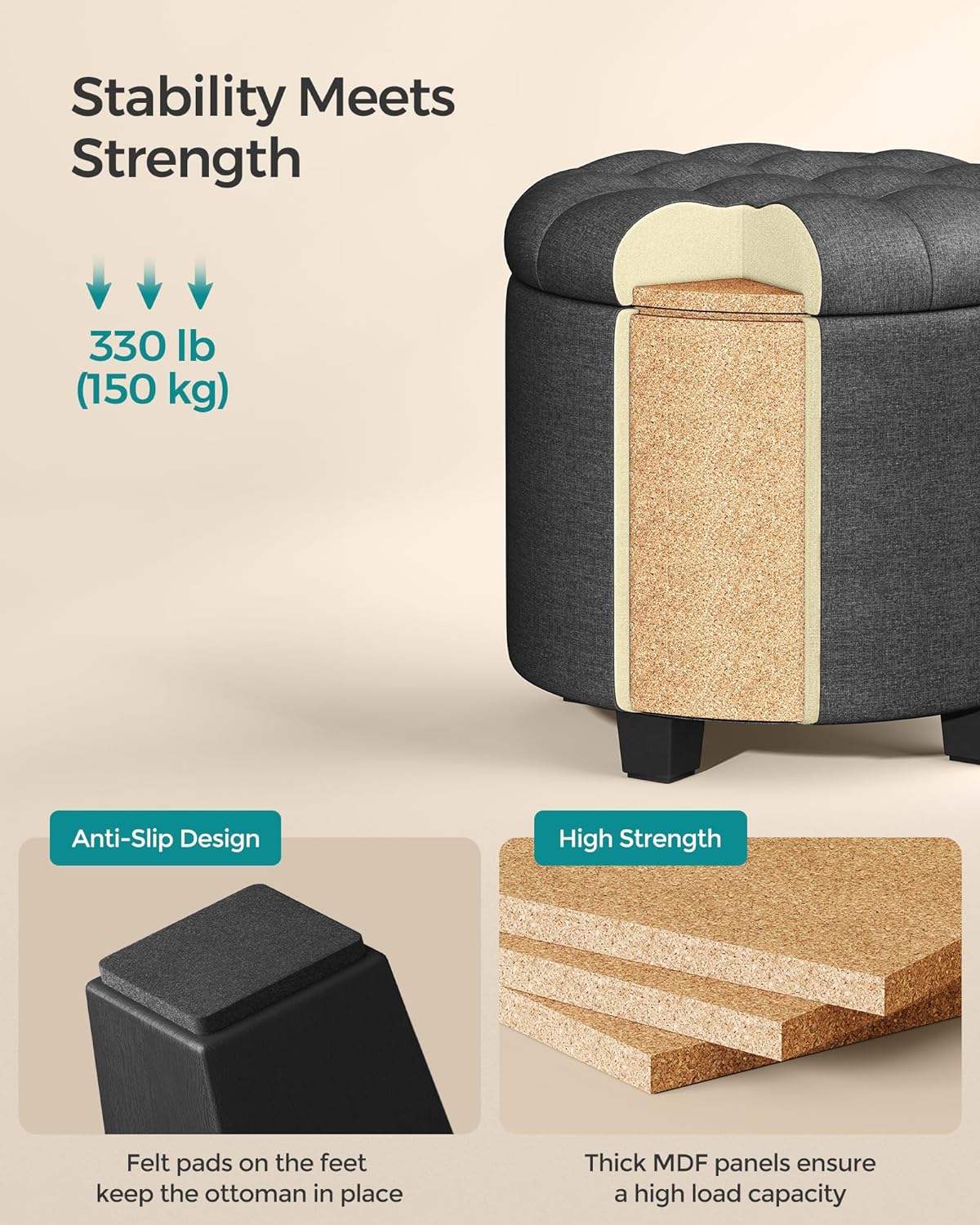 SONGMICS Round Ottoman with Storage, Vanity Stool, Linen-Look Fabric | Upholstered Foot Stool, 17.7 x 17.7 x 17.5 Inches, Removable Lid, Easy Assembly, Slate Gray, MACEO Collection ULOM011G01