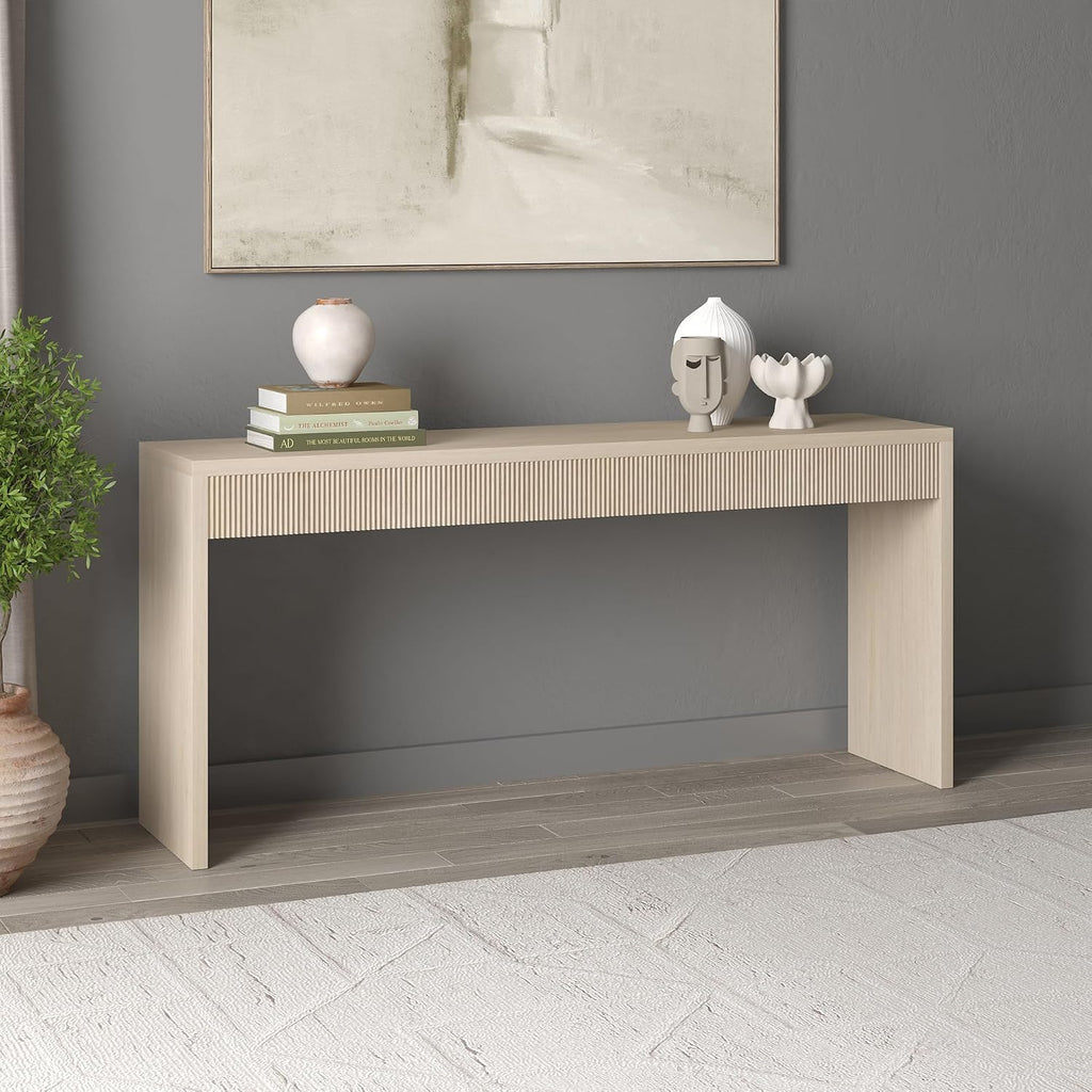 Henn&Hart 64" Rectangular Fluted Console Table, Ribbed Entryway Table, Sofa Table for Entryway, Living Room, Couch, Hallway, or Office, Beech White