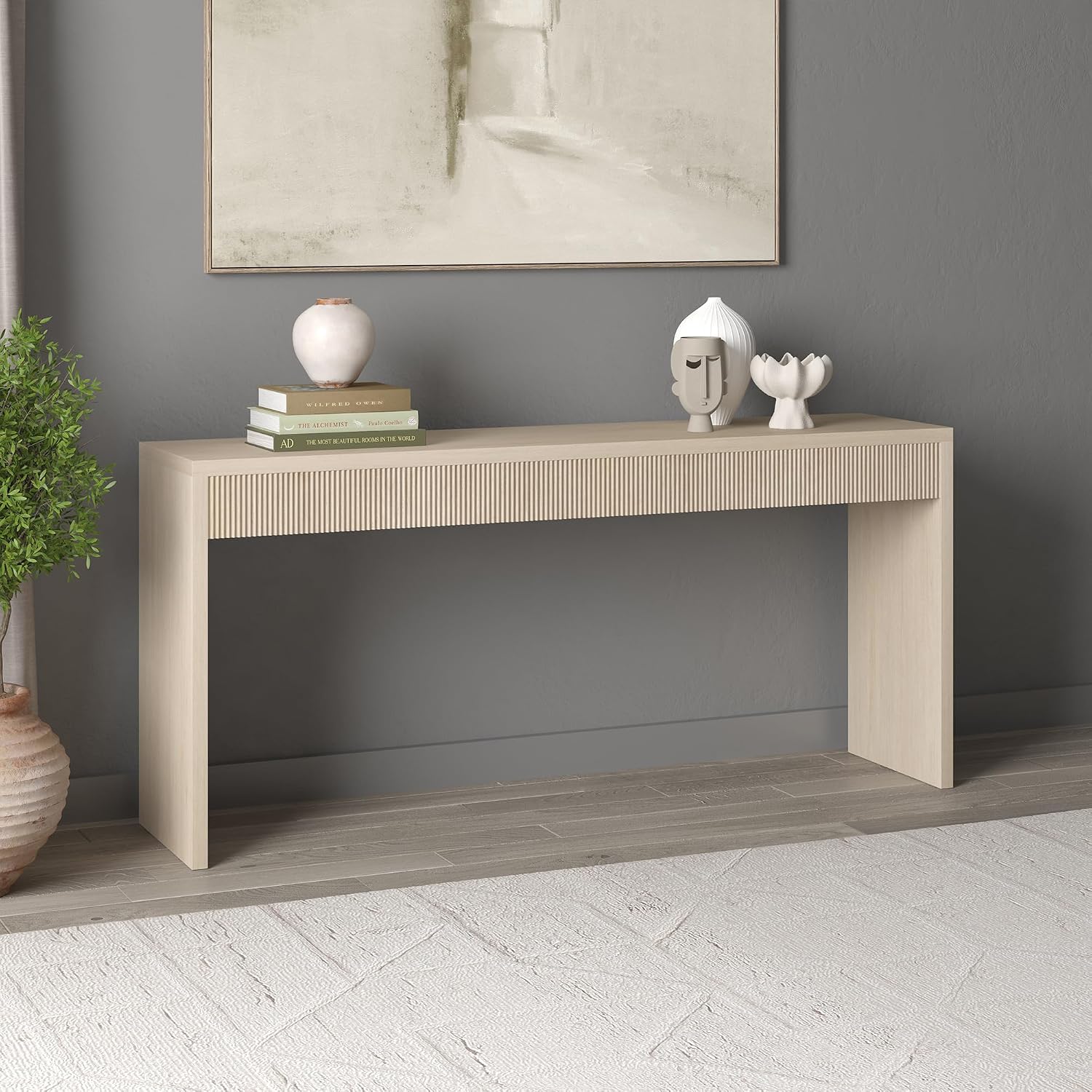 Henn&Hart 64" Rectangular Fluted Console Table, Ribbed Entryway Table, Sofa Table for Entryway, Living Room, Couch, Hallway, or Office, Beech White