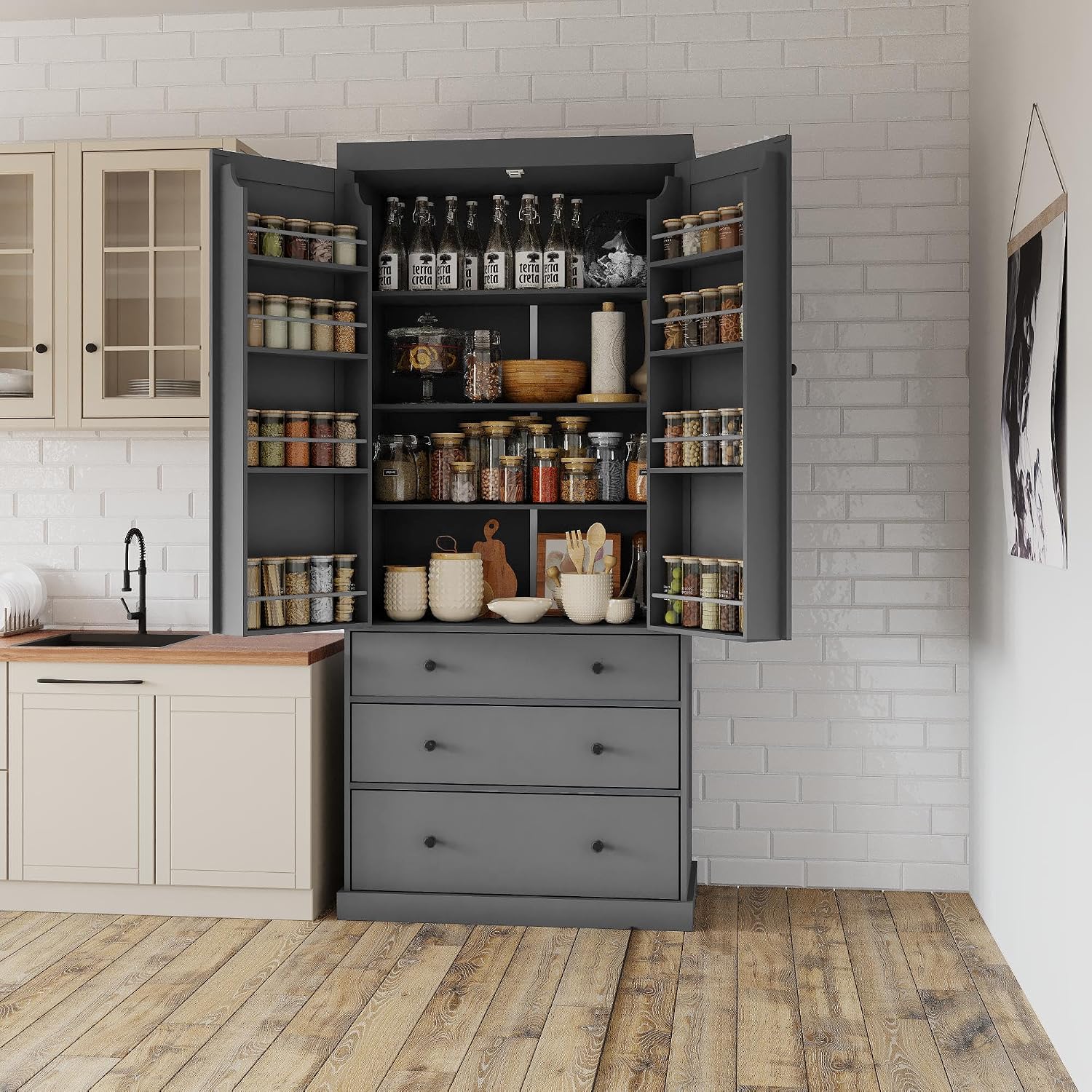 Merax 77" Kitchen Pantry Storage Cabinet with Drawers, Freestanding Bathroom Storage Cabinets with Doors and Shelves, Tall Cupboard Storage Cabinet Food Pantry Cabinet for Dining Room Craft Room, Gray