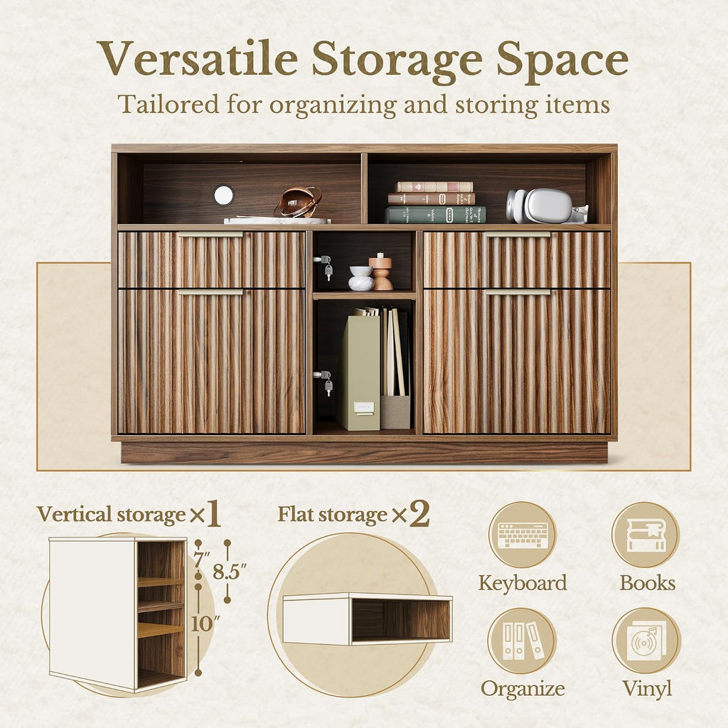 4 Drawer Fluted File Cabinet with Lock for Home Office | Wood Lateral Filing Cabinet for Letter/A4 Files, Charging Station, Open Shelves, Office Storage Cabinet, Black Walnut