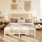 GAOMON Queen Size Rattan Bed Frame with Headboard, Modern Style Cane Boho Bed Frames with Heavy Duty Sturdy Steel Slat Support, No Box Spring Needed, White