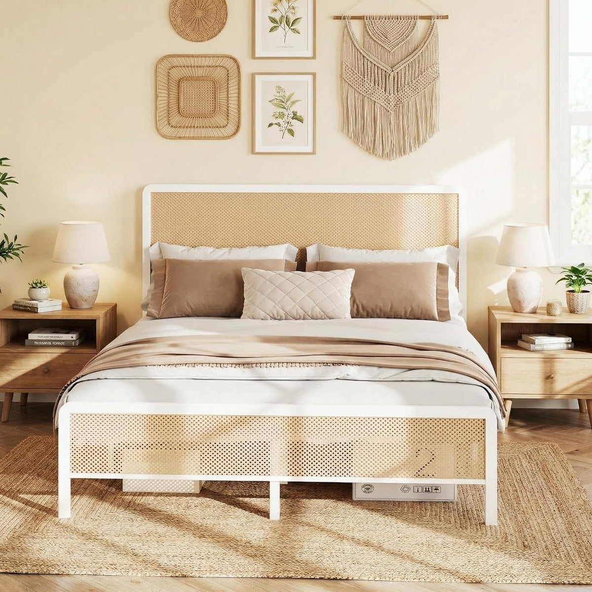 GAOMON Queen Size Rattan Bed Frame with Headboard, Modern Style Cane Boho Bed Frames with Heavy Duty Sturdy Steel Slat Support, No Box Spring Needed, White