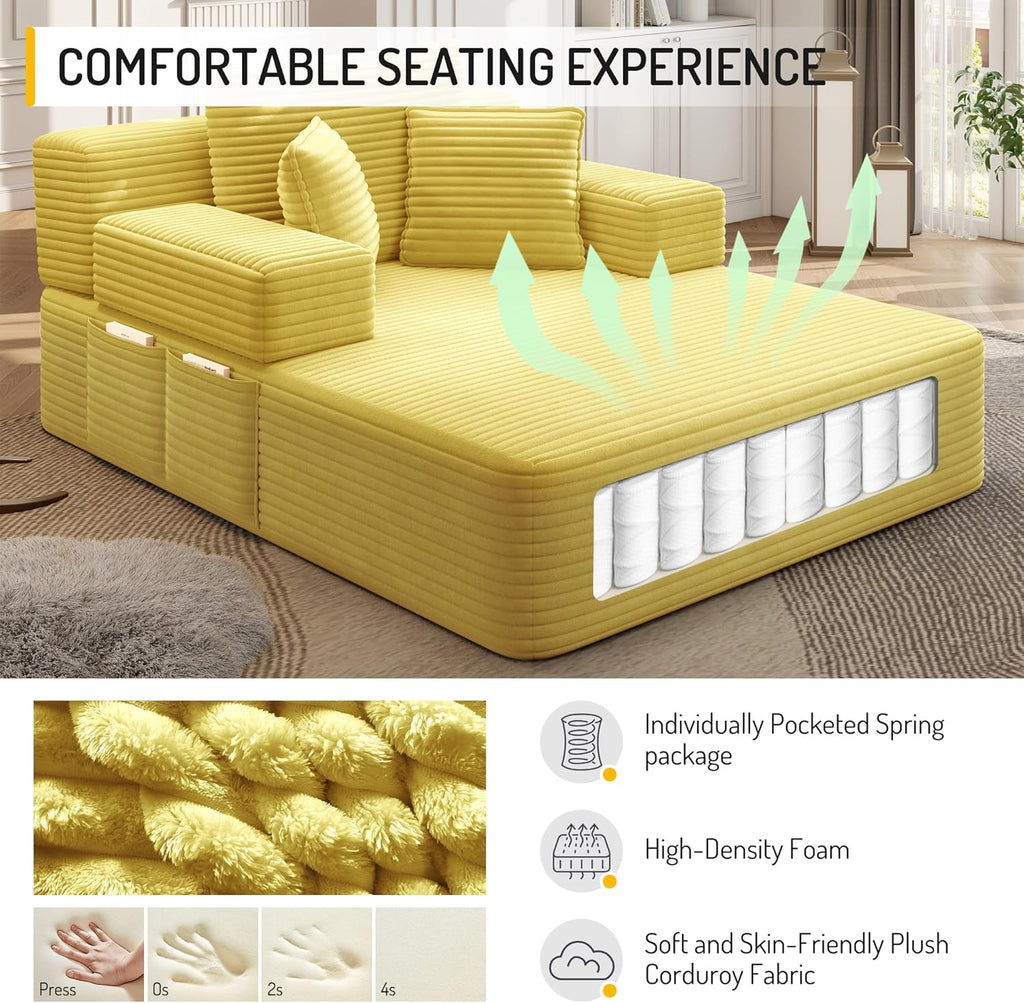 Oversized Chaise Lounge Chair Indoor, Upholstered Single 68''Convertible Sofa Bed with Storage Pocket, Frameless Design & Compression Foam for Small Spaces, Living Room, Apartment, Yellow