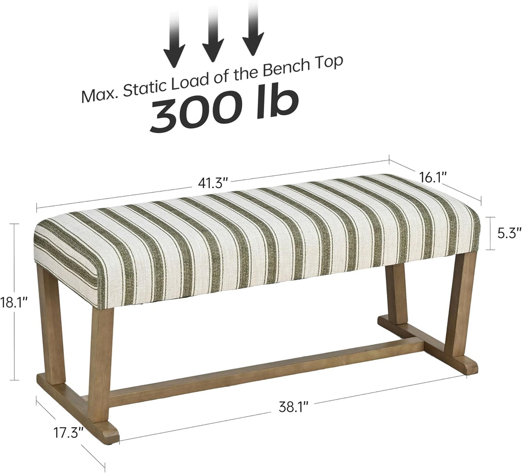 VKNOW 41" Upholstered Entryway Bench, End of Bed Bench with Cushion and Rubber Wood, Kitchen Dining Bench, Striped Bench for Dining Table, Bedroom, Living Room, Green
