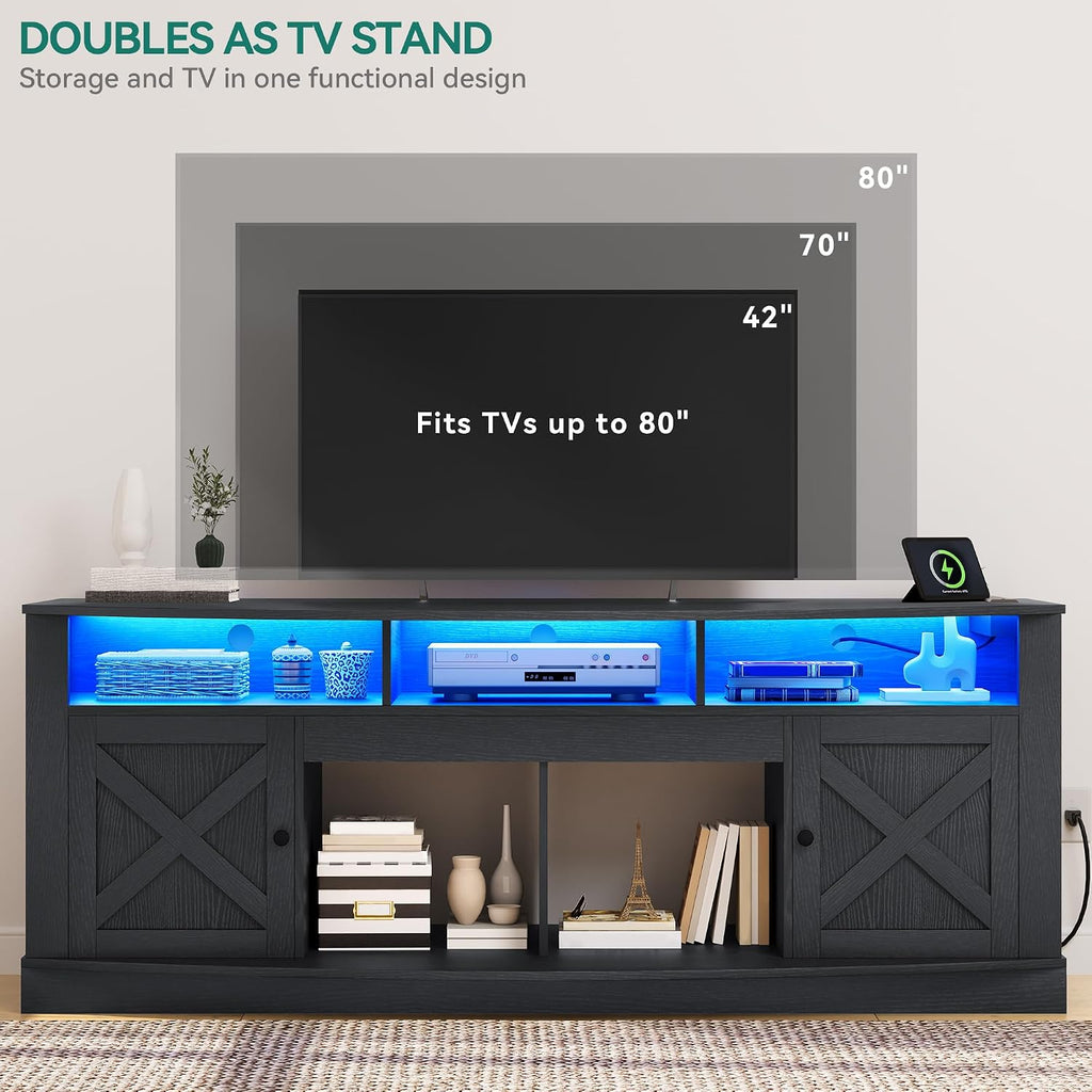 YITAHOME TV Stand with Curved Desktop for 75/80 Inch TVs, Black | Entertainment Center with LED Lights, Media Furniture TV Table with with Power Outlet, TV Consoles for Living Room