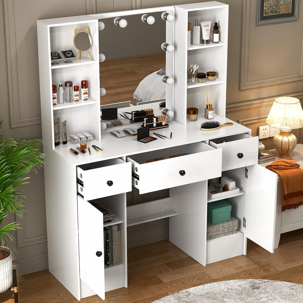 White Dressing Table with Mirror and Lights, Makeup Vanity Desk with 3 Drawers & 2 Large Cabinet, Large HD Mirror, 3 Color Modes & Adjustable Brightness, Modern