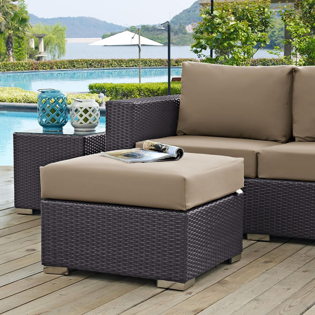 Modway Convene Wicker Rattan Outdoor Patio Square Ottoman with Cushions in Espresso Mocha