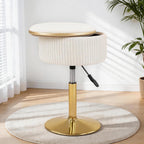 LITZFUR Adjustable Vanity Stool with Storage, 360° Swivel Gold Chair, Velvet Small Round Ottoman Footrest for Bathroom, Makeup Room, Beige