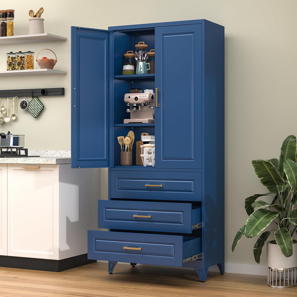 75" Metal Pantry Storage Cabinet with 3 Drawers, Blue | Sturdy SPCC Steel, Gold Handles, Adjustable Shelves,Anti-Tipping Kit, Leveling Feet, Easy Assembly for Kitchen Pantry