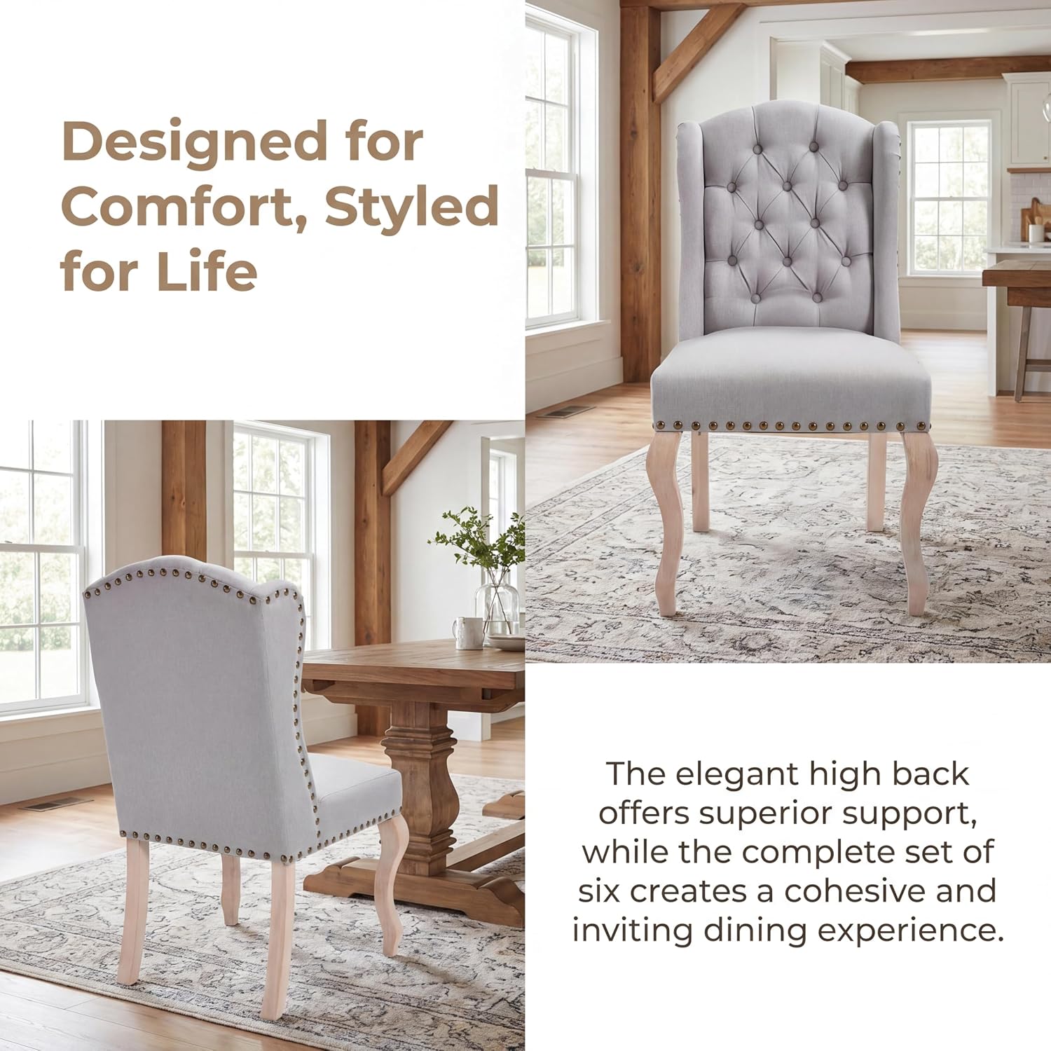 Parsons Dining Chairs Set of 2, Farmhouse High Back Chairs | Tufted Linen Upholstery, Solid Wood Legs, High Back for Kitchen & Dining Room,Grey