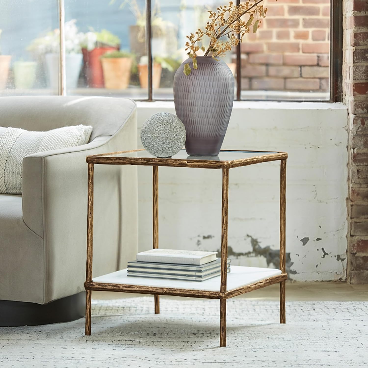 Signature Design by Ashley Ryandale Square End Table, Brass Glass & Marble