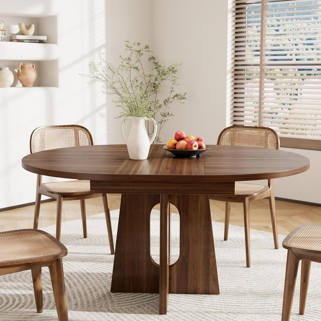 Epecoya 59-Inch Extendable Round to Oval Pedestal Dining Table, Farmhouse Wood Kitchen Table for 4-6 People, Space-Saving Expandable Dinner Table with Heavy Cross Base, Dark Brown Walnut
