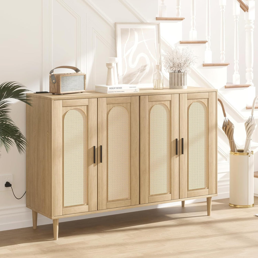 Patikuin Rattan Sideboard Buffet Cabinet, Boho Accent Storage Cabinet, 4 Doors Console Table Coffee Bar with Power Outlet, Adjustable Shelves for Kitchen, Dining Room, Hallway, Living Room (Wood)