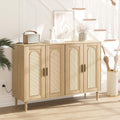 Patikuin Rattan Sideboard Buffet Cabinet, Boho Accent Storage Cabinet, 4 Doors Console Table Coffee Bar with Power Outlet, Adjustable Shelves for Kitchen, Dining Room, Hallway, Living Room (Wood)
