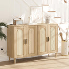 Patikuin Rattan Sideboard Buffet Cabinet, Boho Accent Storage Cabinet, 4 Doors Console Table Coffee Bar with Power Outlet, Adjustable Shelves for Kitchen, Dining Room, Hallway, Living Room (Wood)
