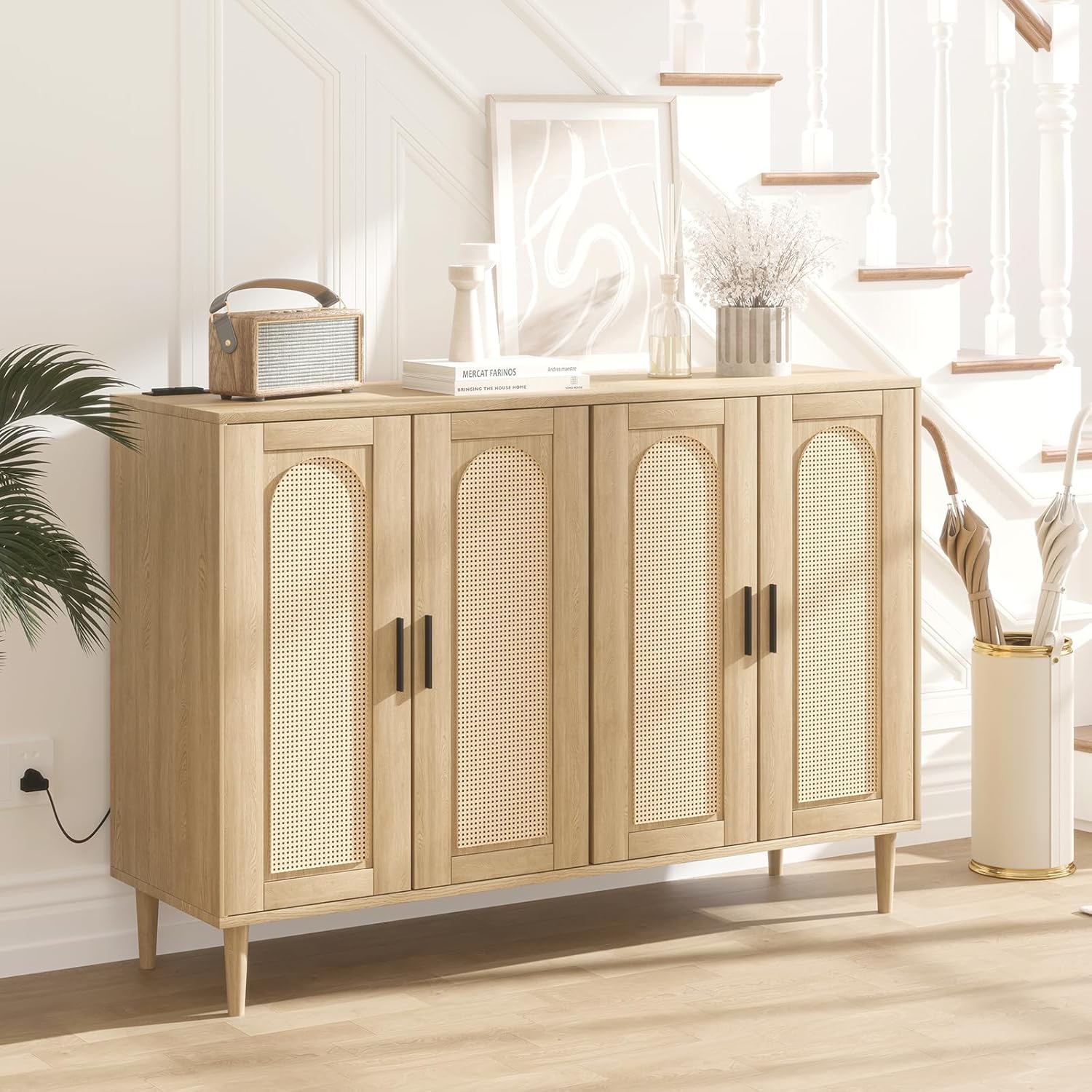 Patikuin Rattan Sideboard Buffet Cabinet, Boho Accent Storage Cabinet, 4 Doors Console Table Coffee Bar with Power Outlet, Adjustable Shelves for Kitchen, Dining Room, Hallway, Living Room (Wood)